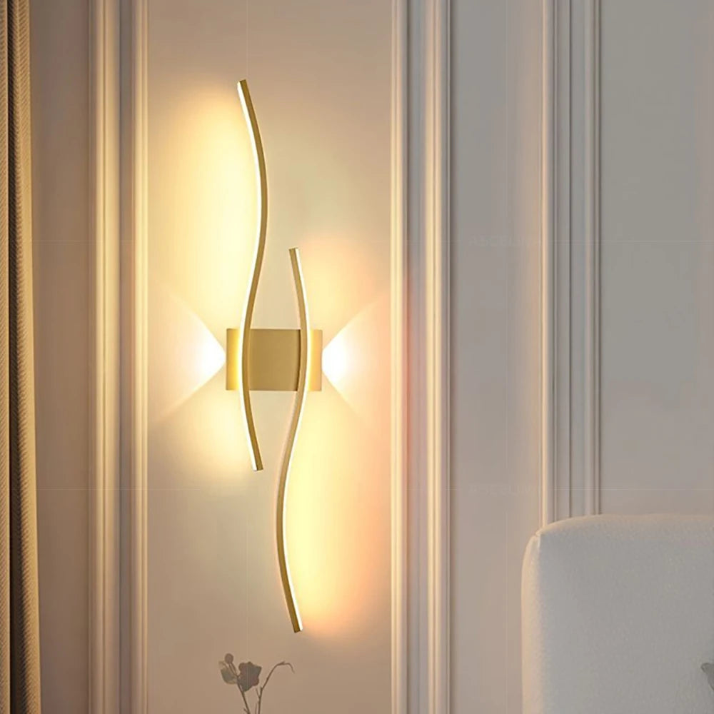 Moderno led tira lâmpada de parede dupla curva controle remoto luz cabeceira decoração preto ouro arandelas sala estar quarto led fixtu