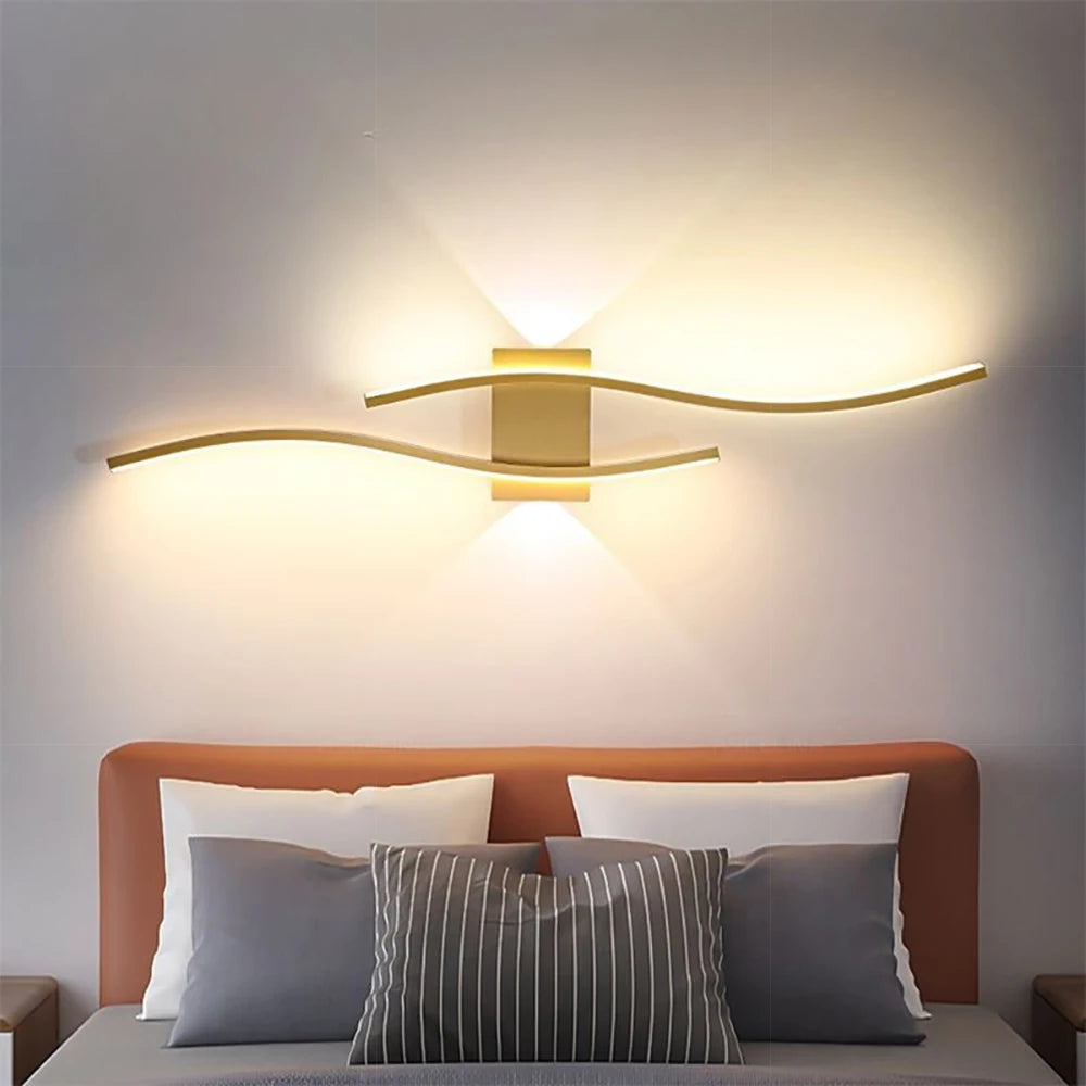 Moderno led tira lâmpada de parede dupla curva controle remoto luz cabeceira decoração preto ouro arandelas sala estar quarto led fixtu