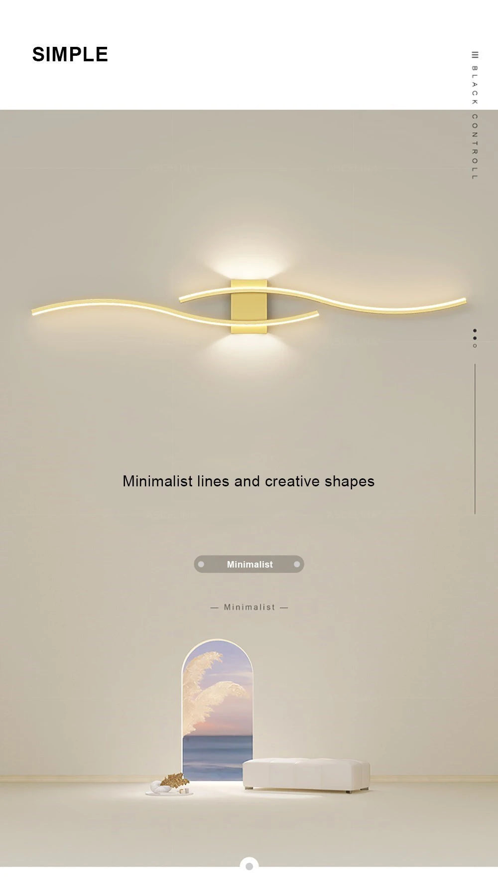 Moderno led tira lâmpada de parede dupla curva controle remoto luz cabeceira decoração preto ouro arandelas sala estar quarto led fixtu