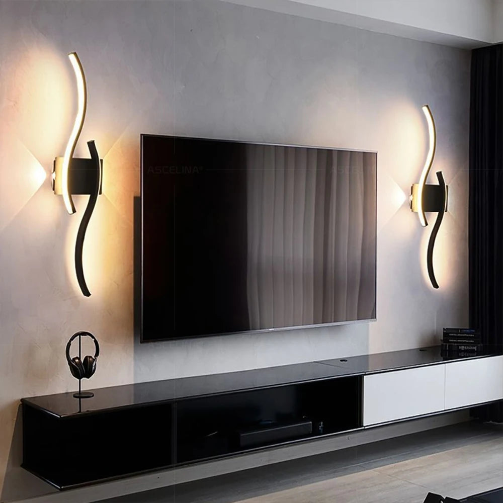 Moderno led tira lâmpada de parede dupla curva controle remoto luz cabeceira decoração preto ouro arandelas sala estar quarto led fixtu