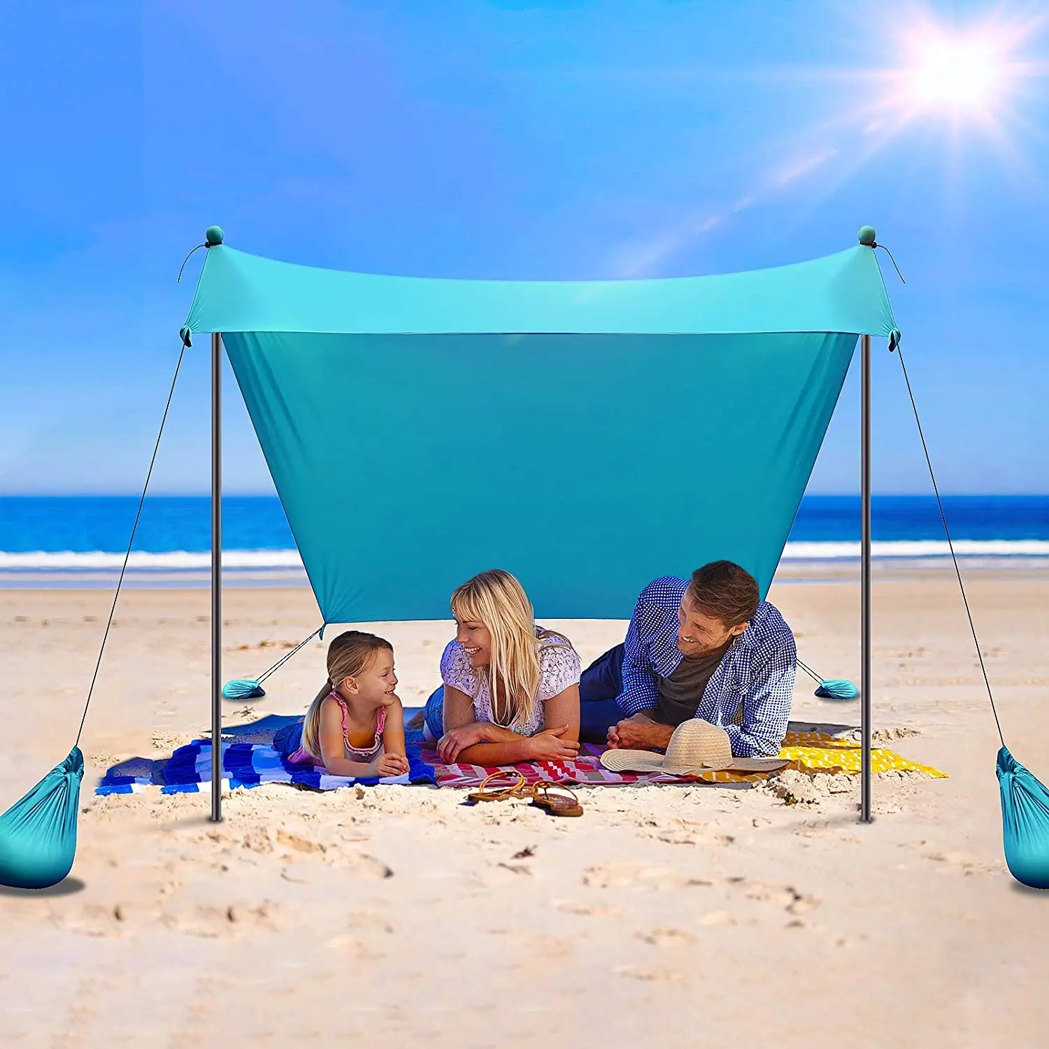 WOQI Pop up Beach Tent Sun Shelter with Beach Mat UPF50+ 2-4 Person Outdoor Canopy Sunshade for Camping Fishing Backyard