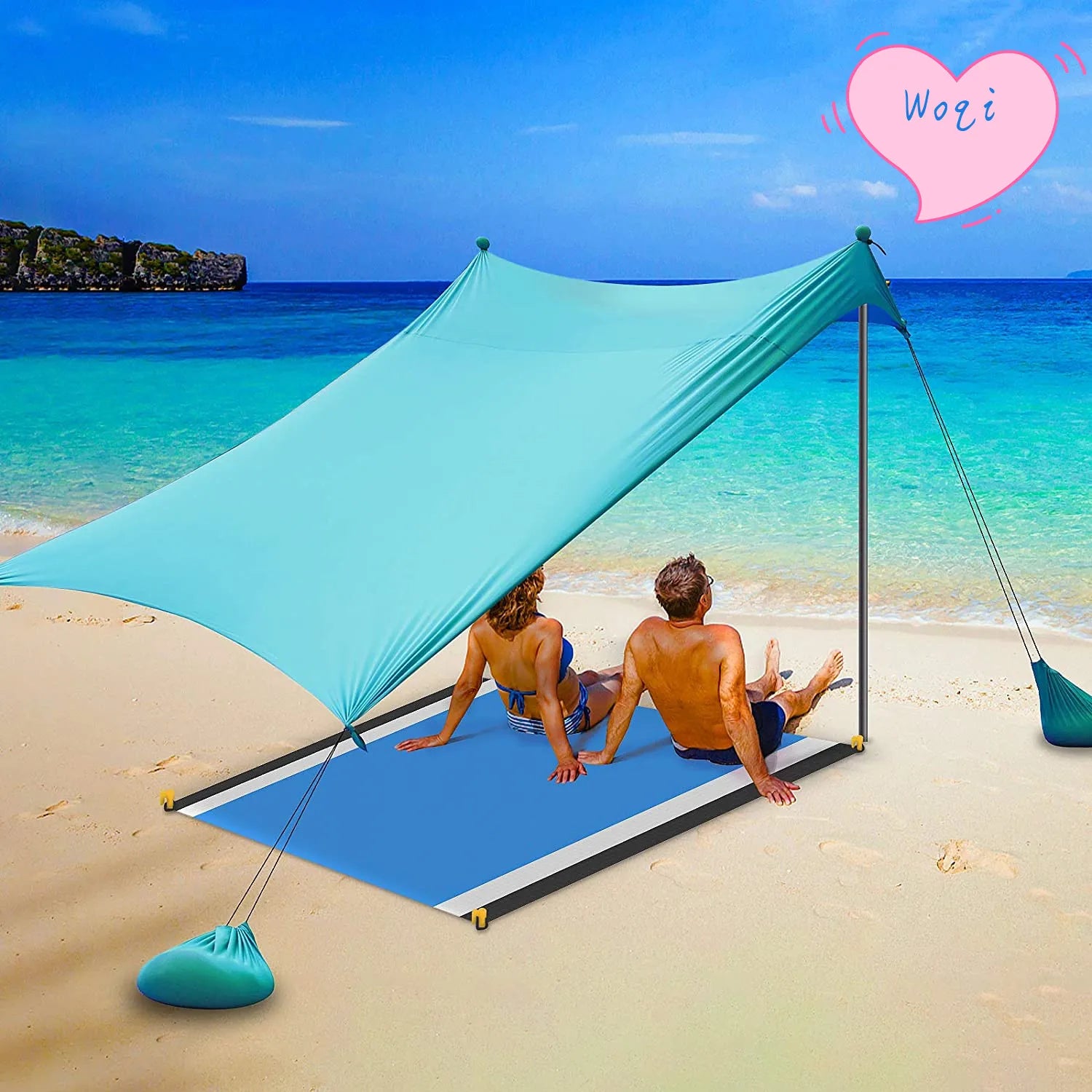 WOQI Pop up Beach Tent Sun Shelter with Beach Mat UPF50+ 2-4 Person Outdoor Canopy Sunshade for Camping Fishing Backyard