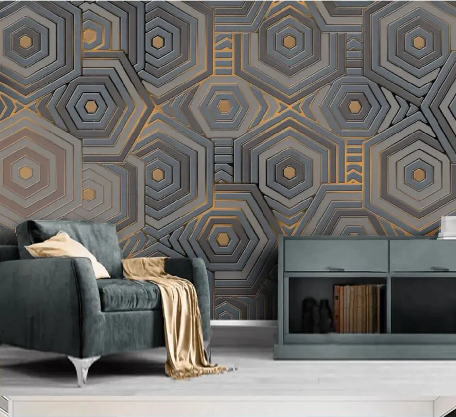 Personalizado geométrico hexágono papel de parede mural moderno e minimalista abstrato geométrico linhas douradas retro fundo 3d ktv