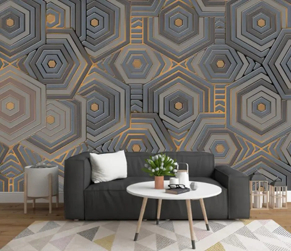 Personalizado geométrico hexágono papel de parede mural moderno e minimalista abstrato geométrico linhas douradas retro fundo 3d ktv