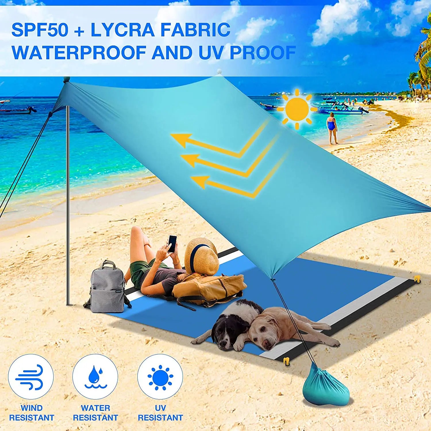 WOQI Pop up Beach Tent Sun Shelter with Beach Mat UPF50+ 2-4 Person Outdoor Canopy Sunshade for Camping Fishing Backyard