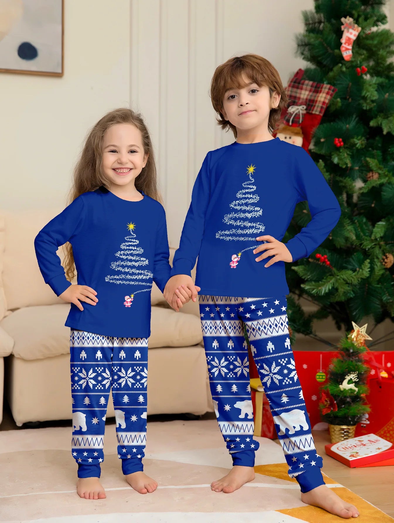 Conjunto de pijamas e calças de Natal, nova estampa, estrela, padrão completo, pai, mãe, filhos e cachorro, roupa doméstica, 2 peças, 2024