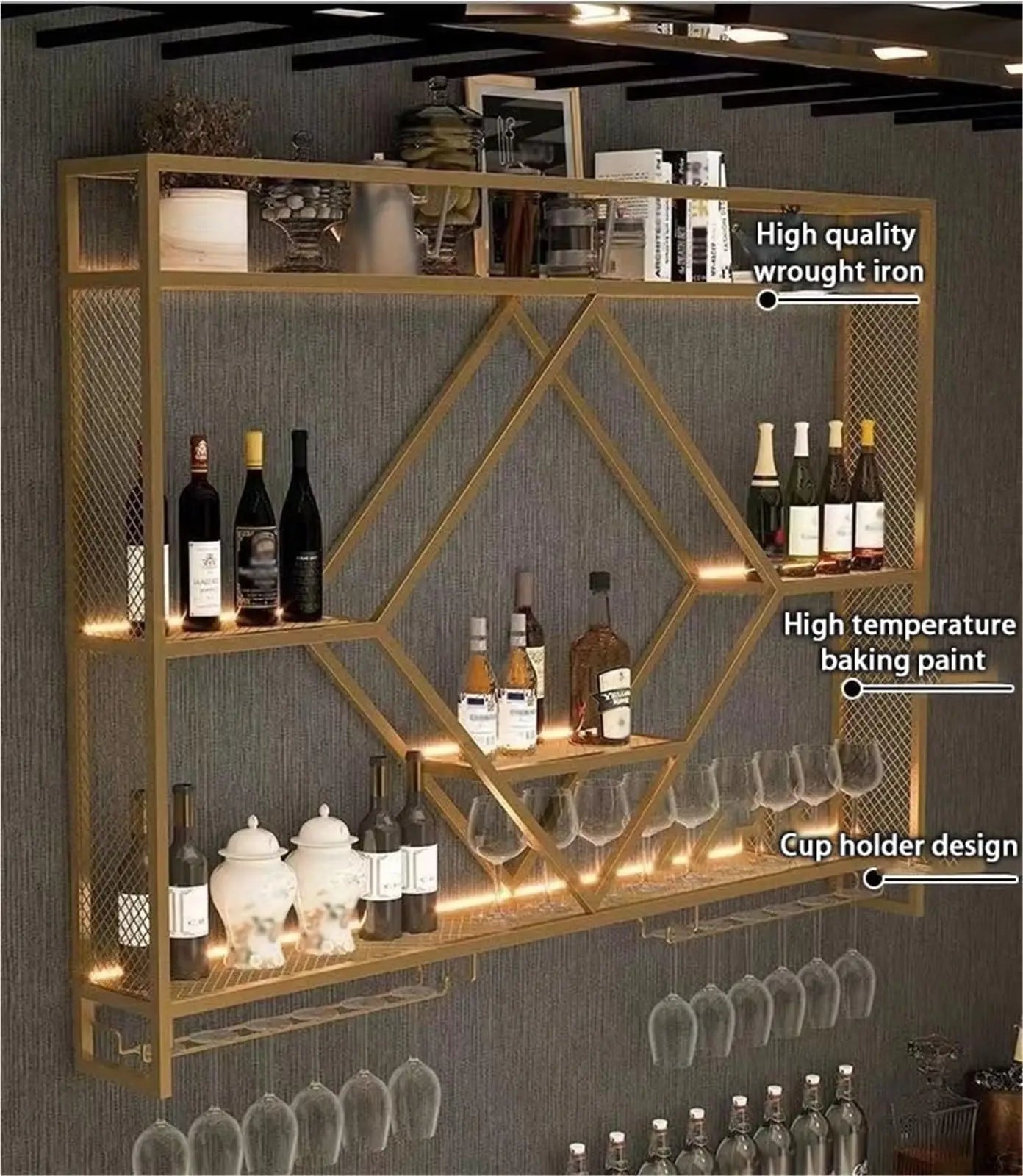 Prateleiras de parede de metal com rack de vinho, suporte de armazenamento de garrafas de licor para cozinha, sala de jantar ou decoração de bar doméstico
