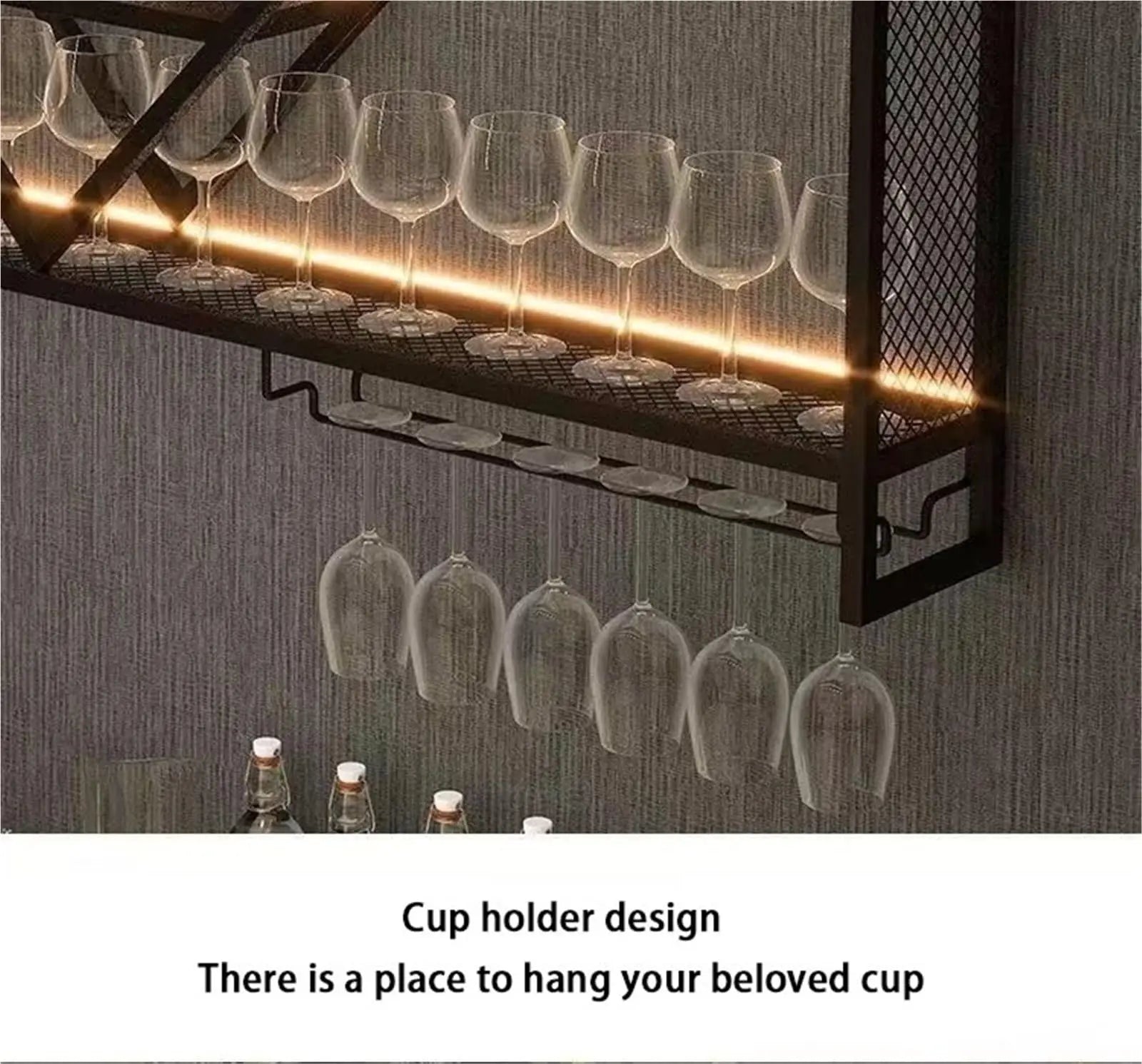 Prateleiras de parede de metal com rack de vinho, suporte de armazenamento de garrafas de licor para cozinha, sala de jantar ou decoração de bar doméstico
