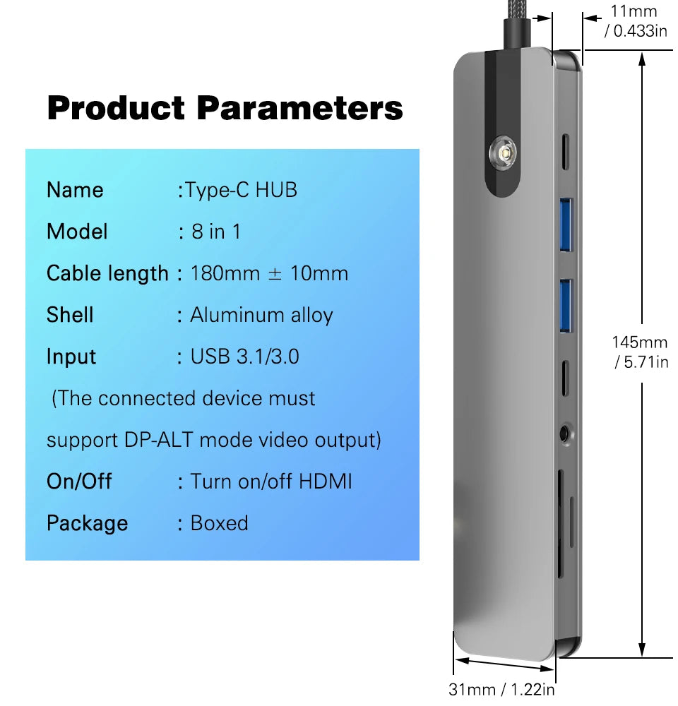 5/8 em 1 usb c para hdmi-adaptador 4k 60hz tipo c divisor usb3.0/3.1 hub docking station pd sd tf 3.5mm para portátil ipad
