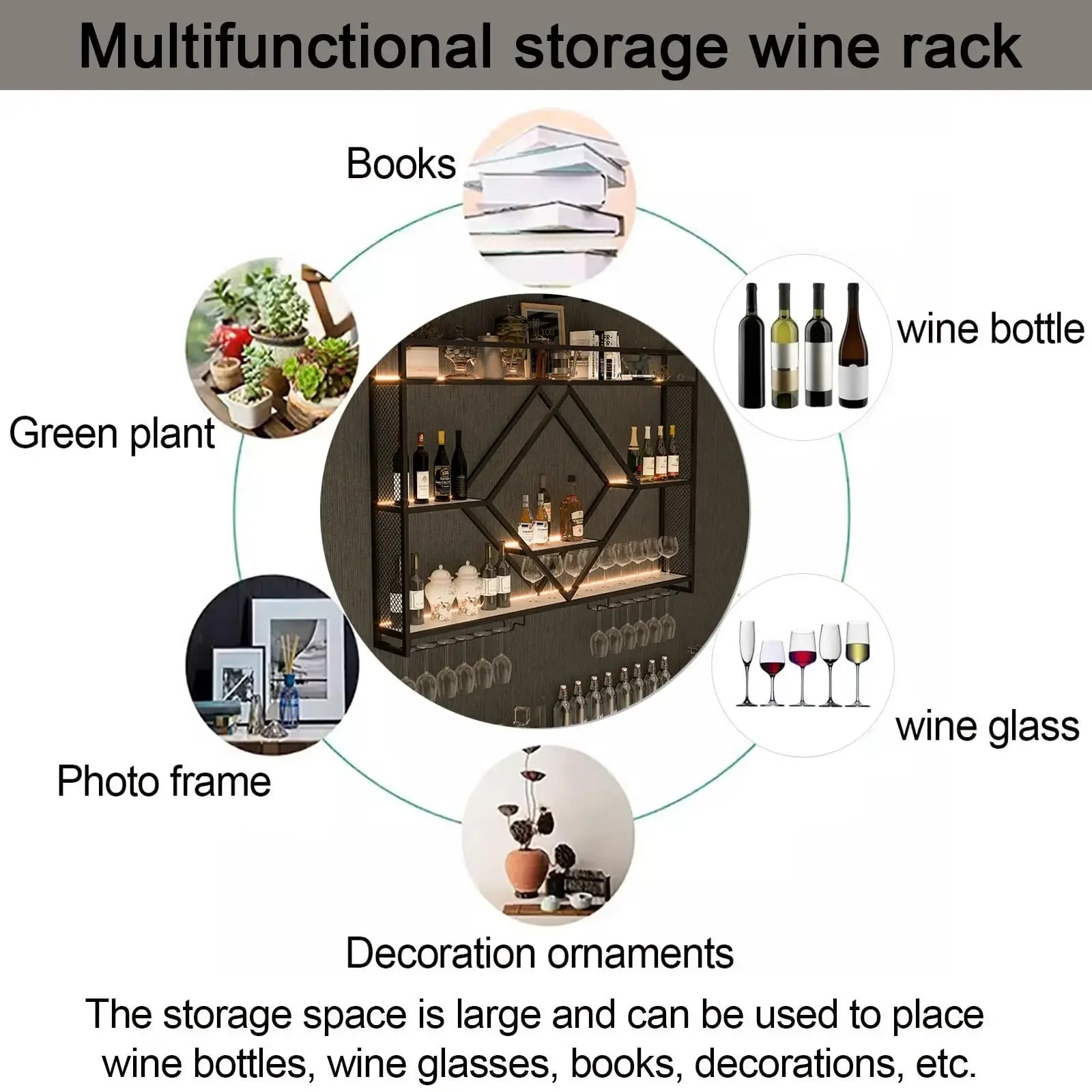 Prateleiras de parede de metal com rack de vinho, suporte de armazenamento de garrafas de licor para cozinha, sala de jantar ou decoração de bar doméstico