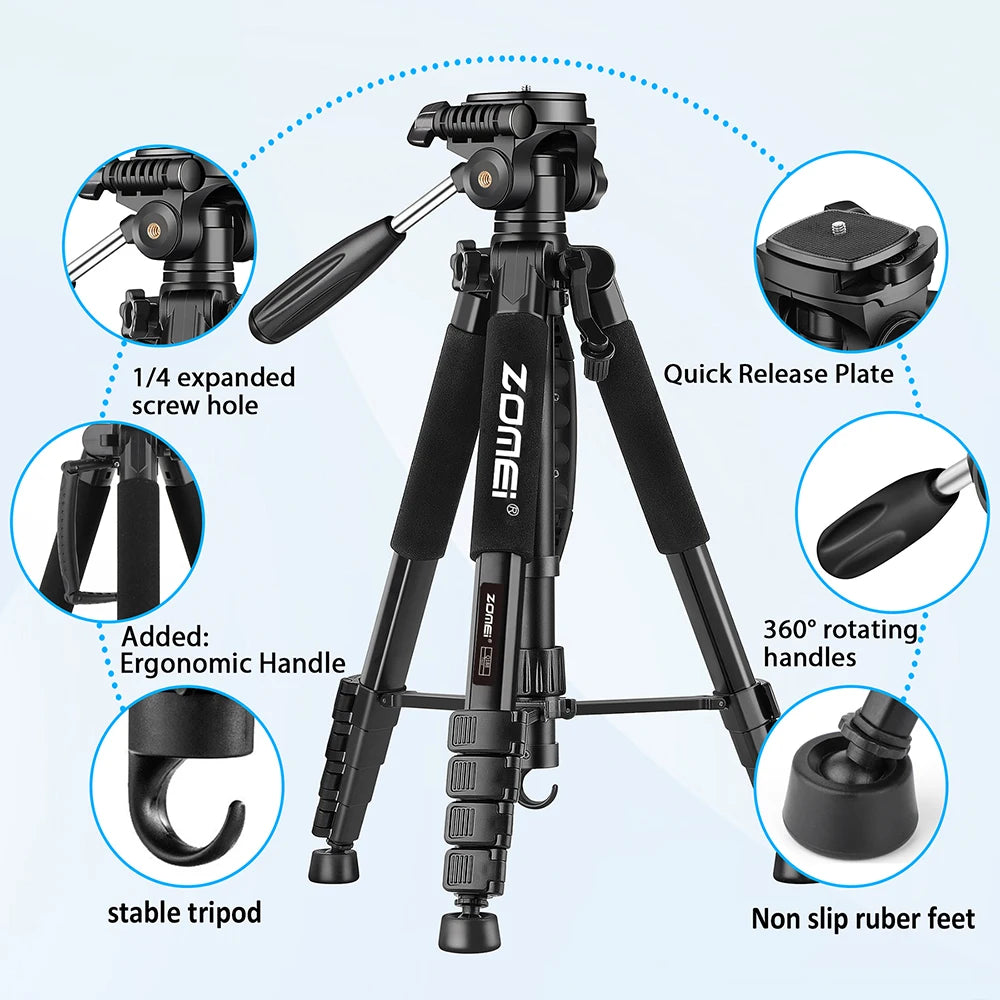 Zomei Q188 188cm Acessórios de fotografia profissional câmera de vídeo tripé DSLR para telefone com suporte para telefone