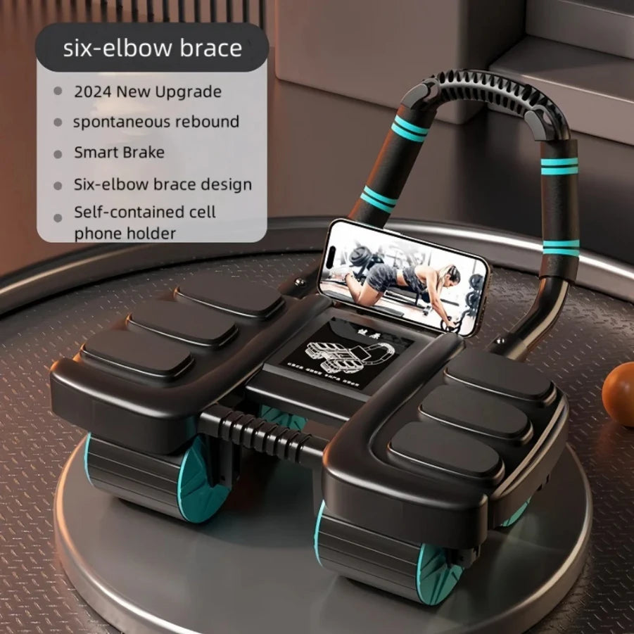 Exercitador de roda abdominal, design de seis rodas, controle deslizante, roda de treino abdominal, rebote automático, antiderrapante, equipamento fitness para academia em casa