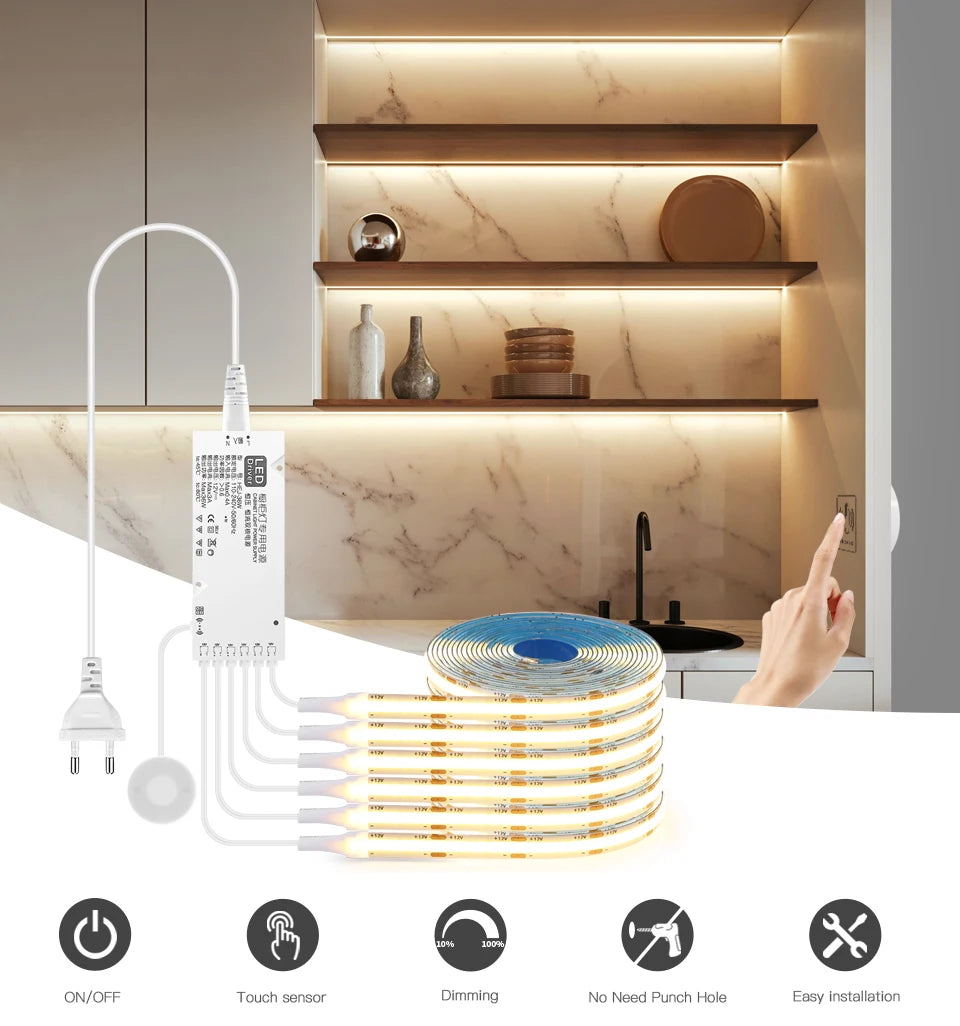 Placa acústica led decorativa cob tira de luz toque regulável parede fundo lâmpada mostrar prateleira sob o armário quarto luz da noite