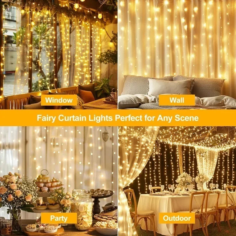 Cortina de luzes de fadas LED alimentada por USB com controle remoto 8 modos - Natal Ano Novo Casamento Festa de Halloween Decoração de casa Luz de corda