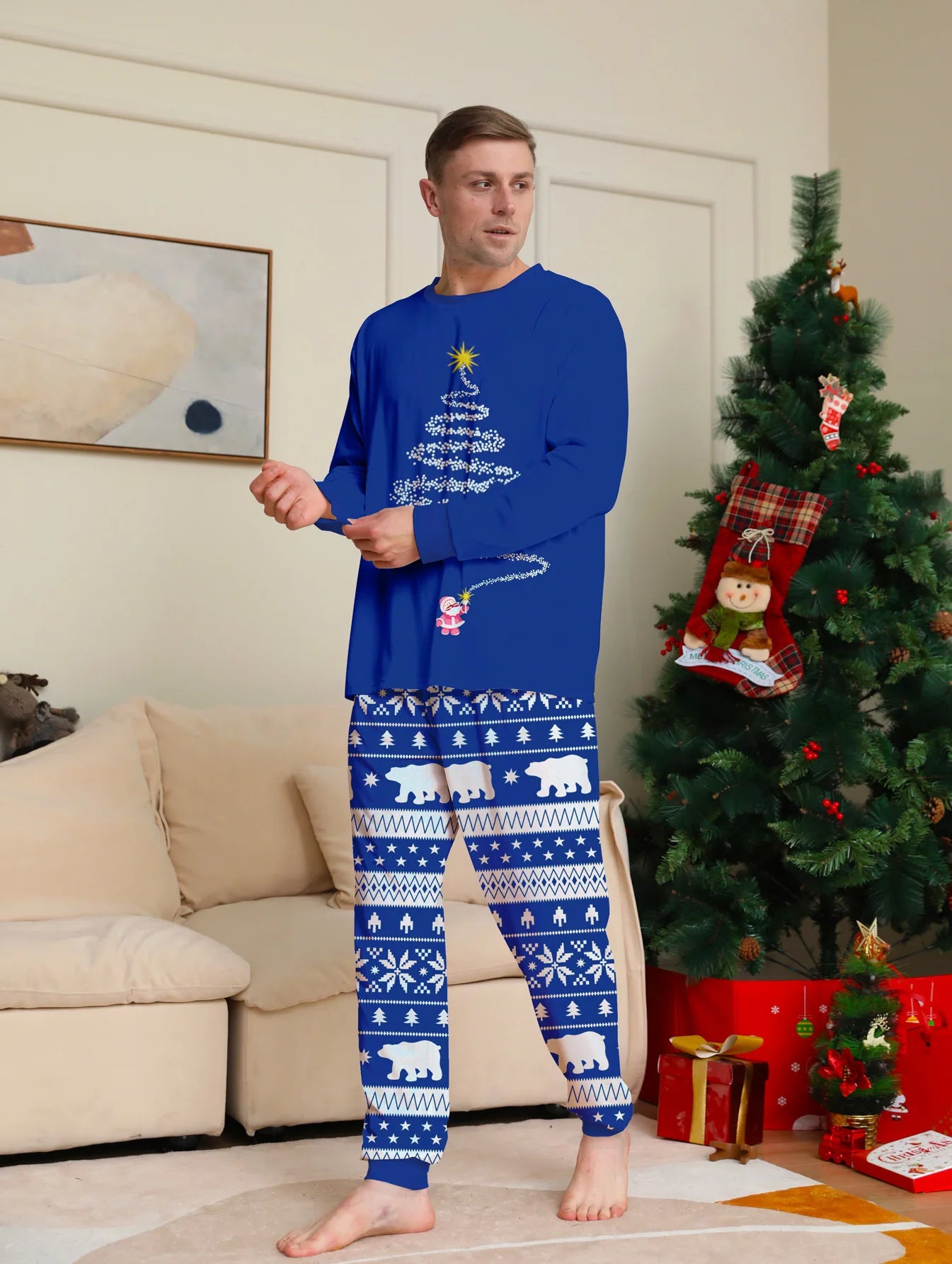 Conjunto de pijamas e calças de Natal, nova estampa, estrela, padrão completo, pai, mãe, filhos e cachorro, roupa doméstica, 2 peças, 2024