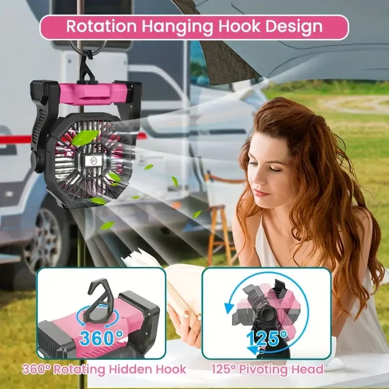 Carregamento + Iluminação + Ventilador Ventilador elétrico três em um estilo acampamento com lanterna LED Ventilador portátil para barraca com função rotativa, função de fonte de alimentação de emergência ao queda