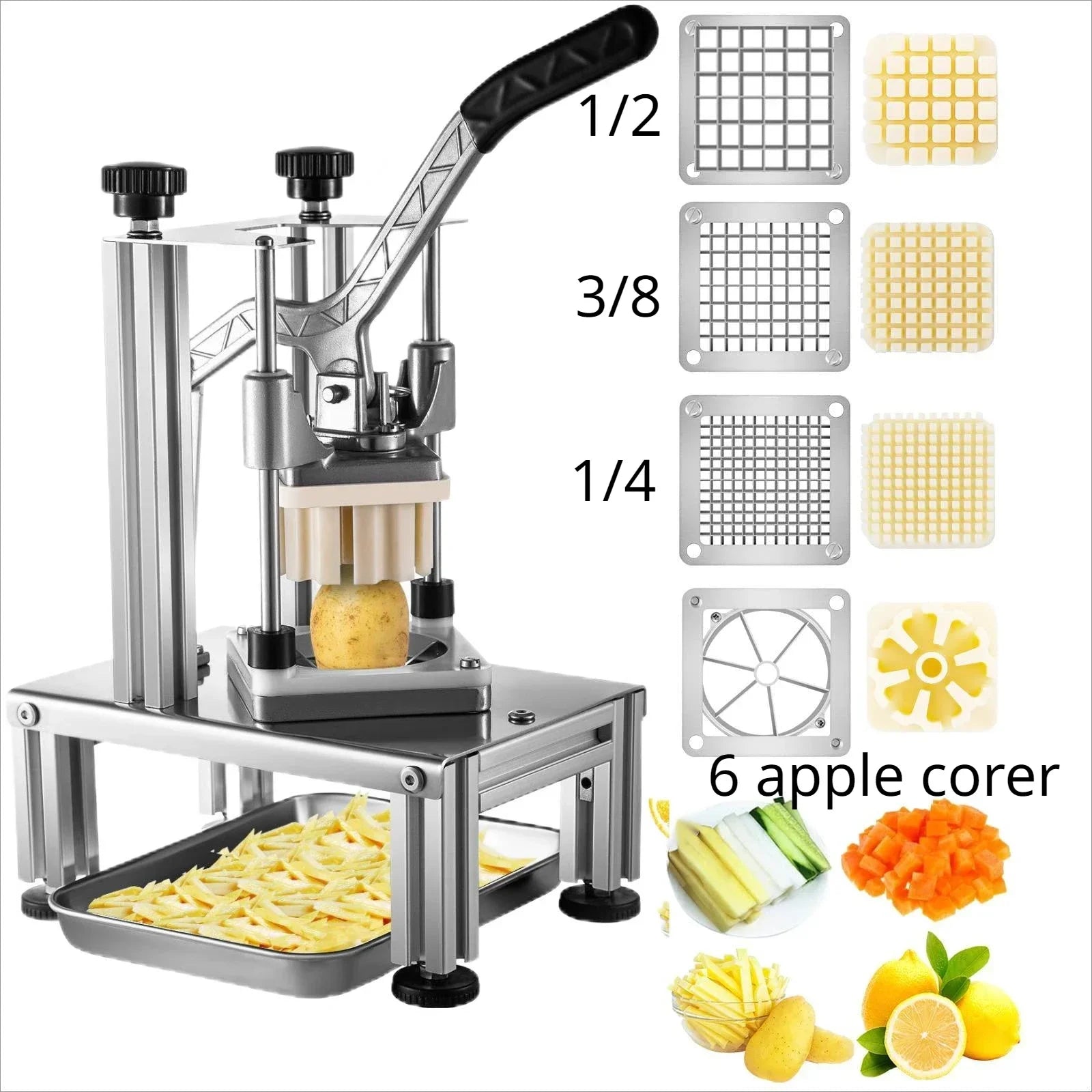 Cortador comercial de batida frita com 4 lâminas de reposição, fatiador de maçã de 1/2" ou 1/4" ou 3/8" de 6 ou 8 pontas ou corer de maçã de 6 wathas