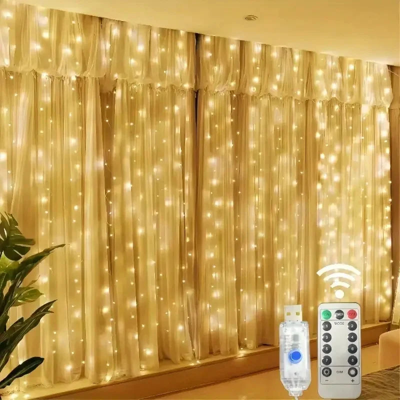 Cortina de luzes de fadas LED alimentada por USB com controle remoto 8 modos - Natal Ano Novo Casamento Festa de Halloween Decoração de casa Luz de corda
