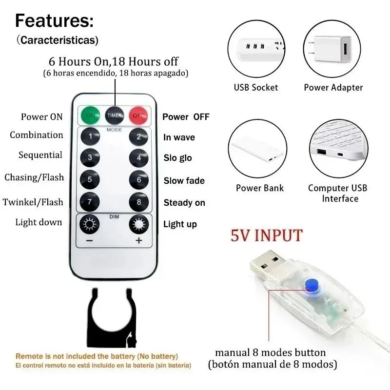 Cortina de luzes de fadas LED alimentada por USB com controle remoto 8 modos - Natal Ano Novo Casamento Festa de Halloween Decoração de casa Luz de corda