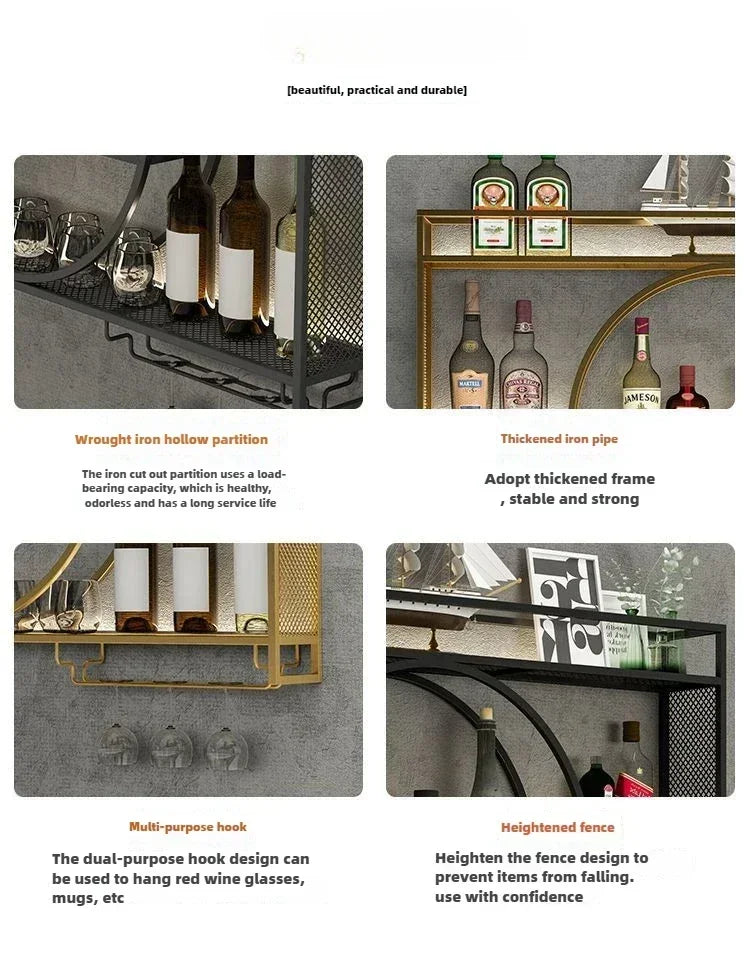 Balcão de barra de ferro, rack de vinho, armário de vinho montado na parede, barra montada na parede, restaurante de vinho tinto, armário de exibição de garrafa montado na parede