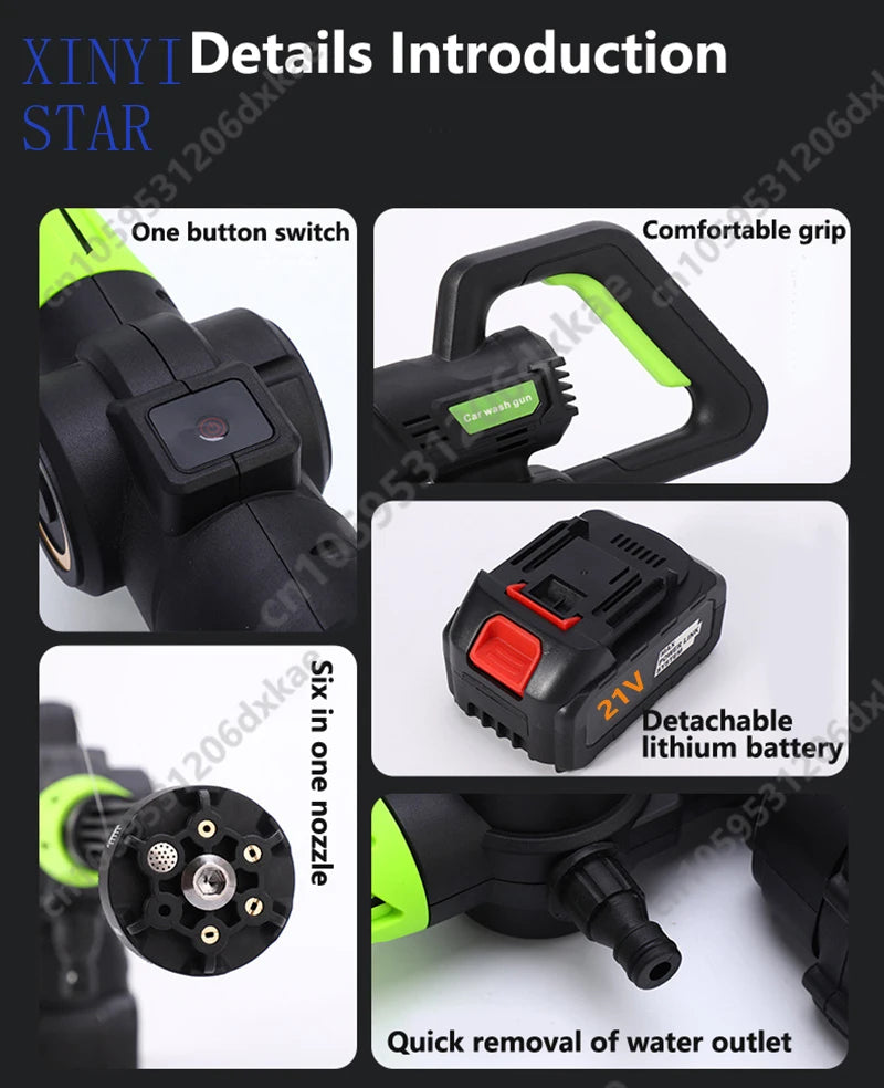 Máquina de lavar carro elétrica sem escova, 21v, alta tensão, pistola de água, sem fio, alta potência, máquina de limpeza
