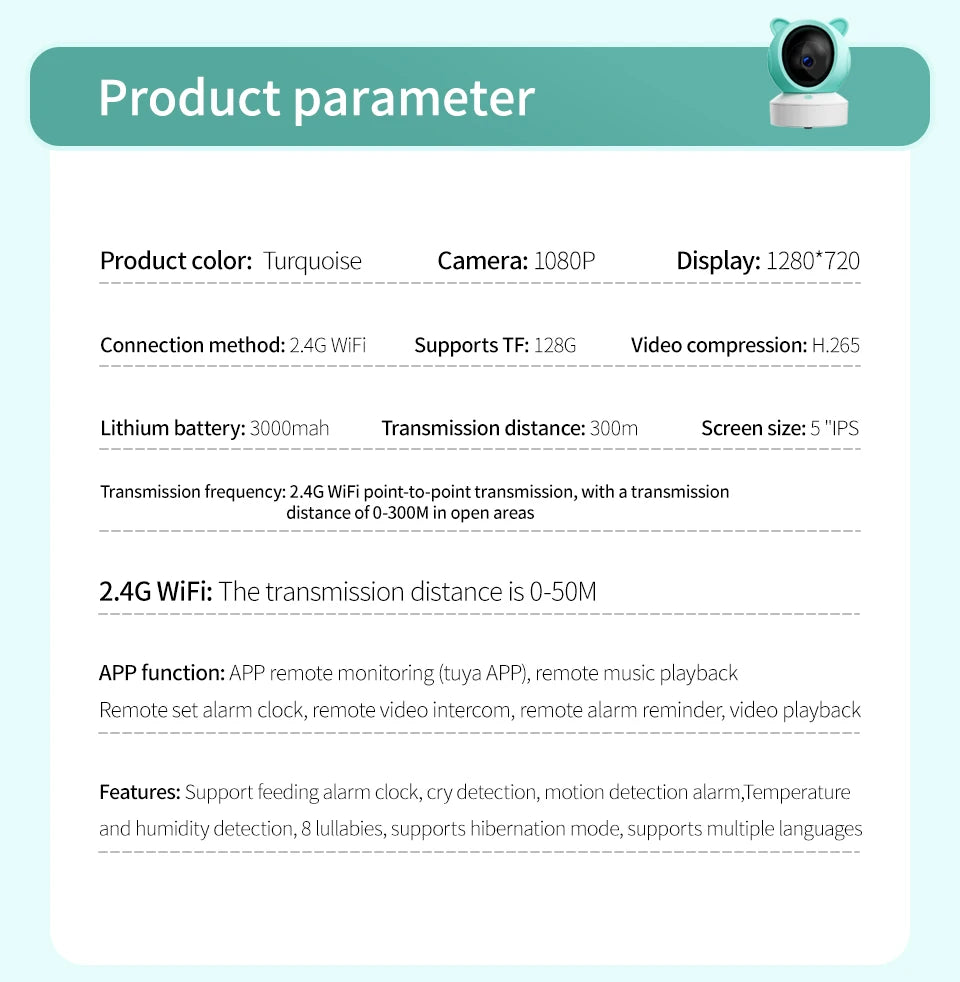 Danmini 2.4g monitor do bebê ptz móvel tuya app controle remoto 5 ''display hd 1080p câmera intercomunicador bidirecional visão noturna babyphone
