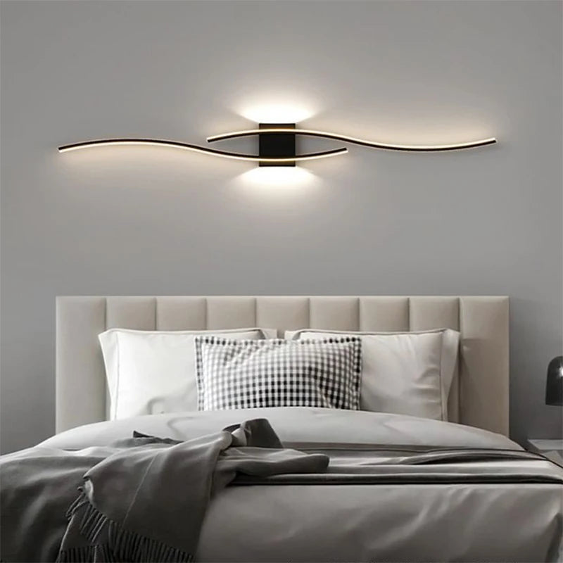 Moderno led tira lâmpada de parede dupla curva controle remoto luz cabeceira decoração preto ouro arandelas sala estar quarto led fixtu