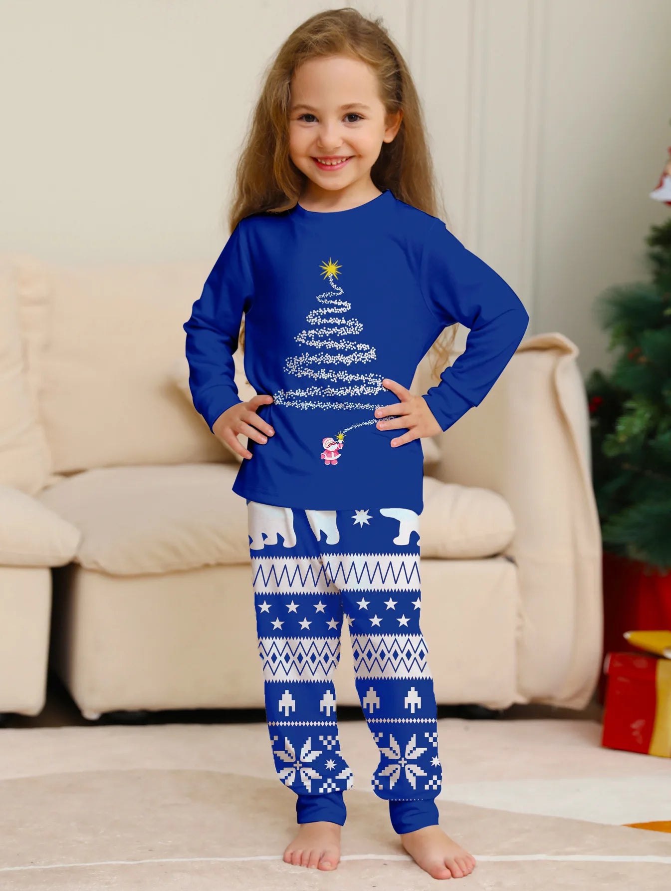 Conjunto de pijamas e calças de Natal, nova estampa, estrela, padrão completo, pai, mãe, filhos e cachorro, roupa doméstica, 2 peças, 2024