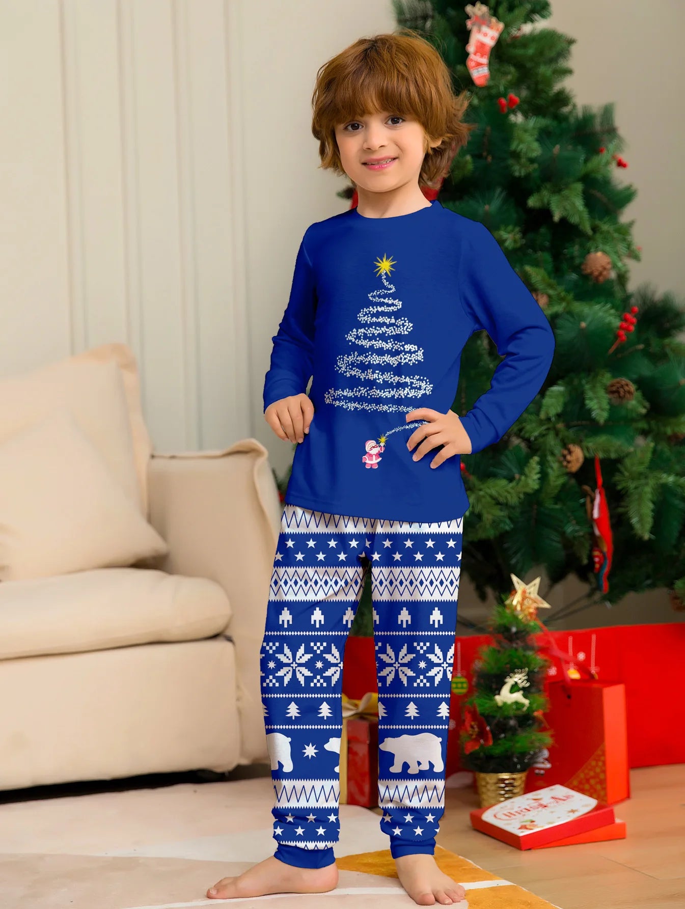 Conjunto de pijamas e calças de Natal, nova estampa, estrela, padrão completo, pai, mãe, filhos e cachorro, roupa doméstica, 2 peças, 2024