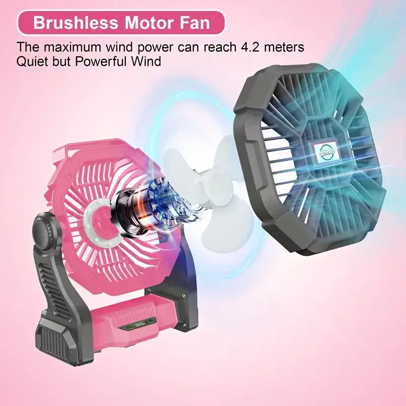 Carregamento + Iluminação + Ventilador Ventilador elétrico três em um estilo acampamento com lanterna LED Ventilador portátil para barraca com função rotativa, função de fonte de alimentação de emergência ao queda