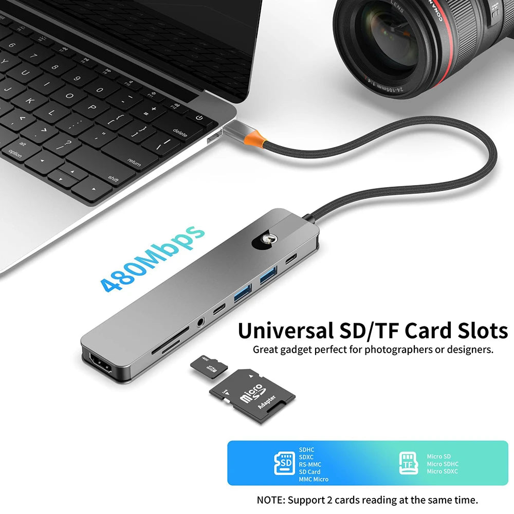 5/8 em 1 usb c para hdmi-adaptador 4k 60hz tipo c divisor usb3.0/3.1 hub docking station pd sd tf 3.5mm para portátil ipad