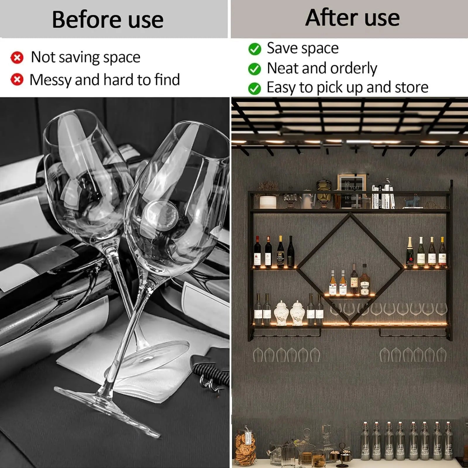 Prateleiras de parede de metal com rack de vinho, suporte de armazenamento de garrafas de licor para cozinha, sala de jantar ou decoração de bar doméstico