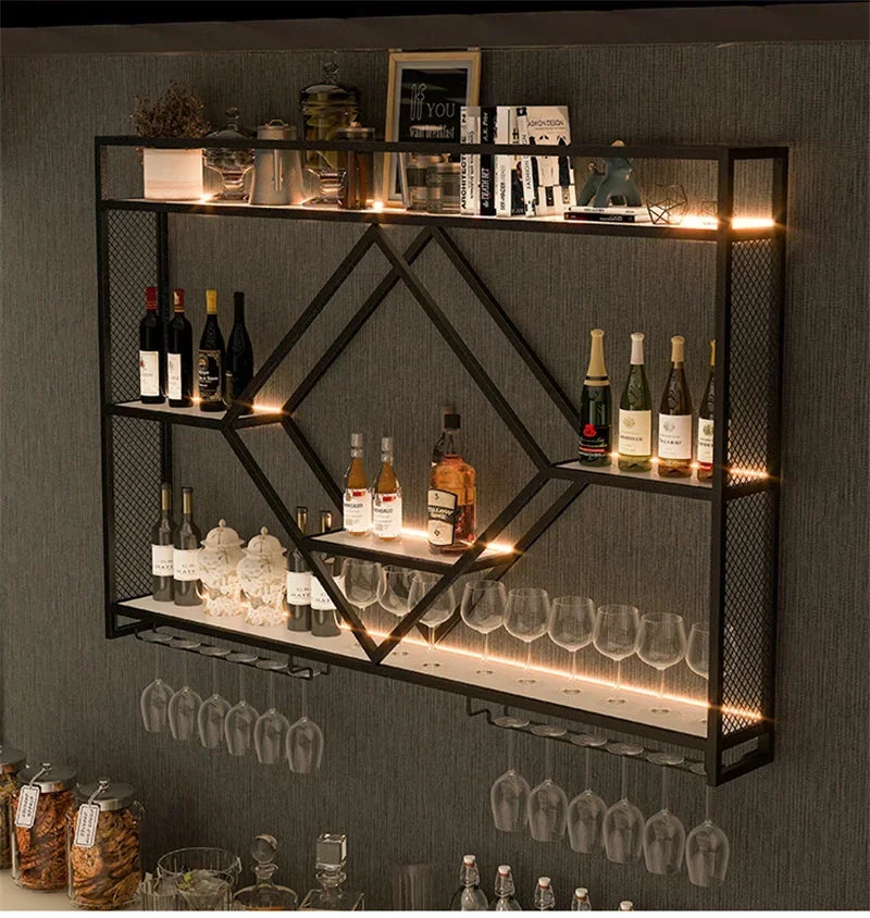Prateleiras de parede de metal com rack de vinho, suporte de armazenamento de garrafas de licor para cozinha, sala de jantar ou decoração de bar doméstico