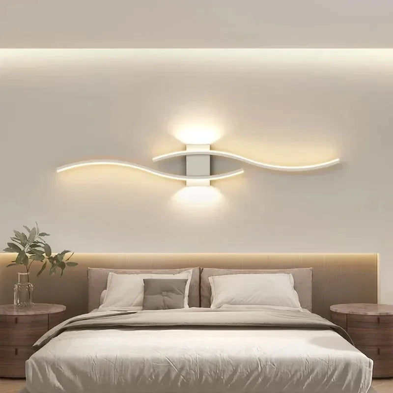 Moderno led tira lâmpada de parede dupla curva controle remoto luz cabeceira decoração preto ouro arandelas sala estar quarto led fixtu