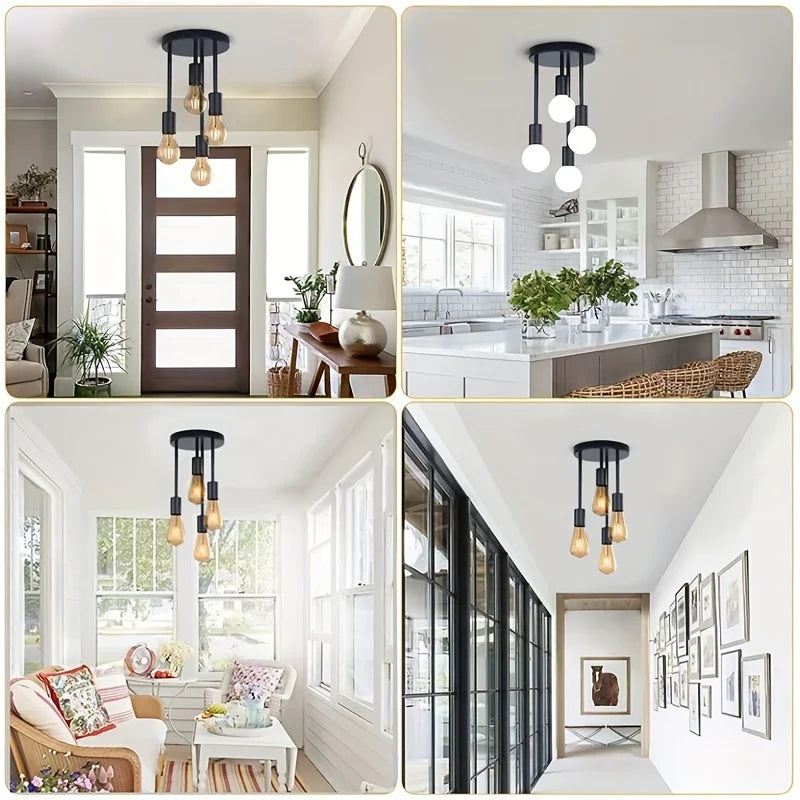 1pc preto moderno 4 e27 base de lâmpada luz de teto, adequado para quarto, cozinha, corredor, lustre (sem lâmpada)