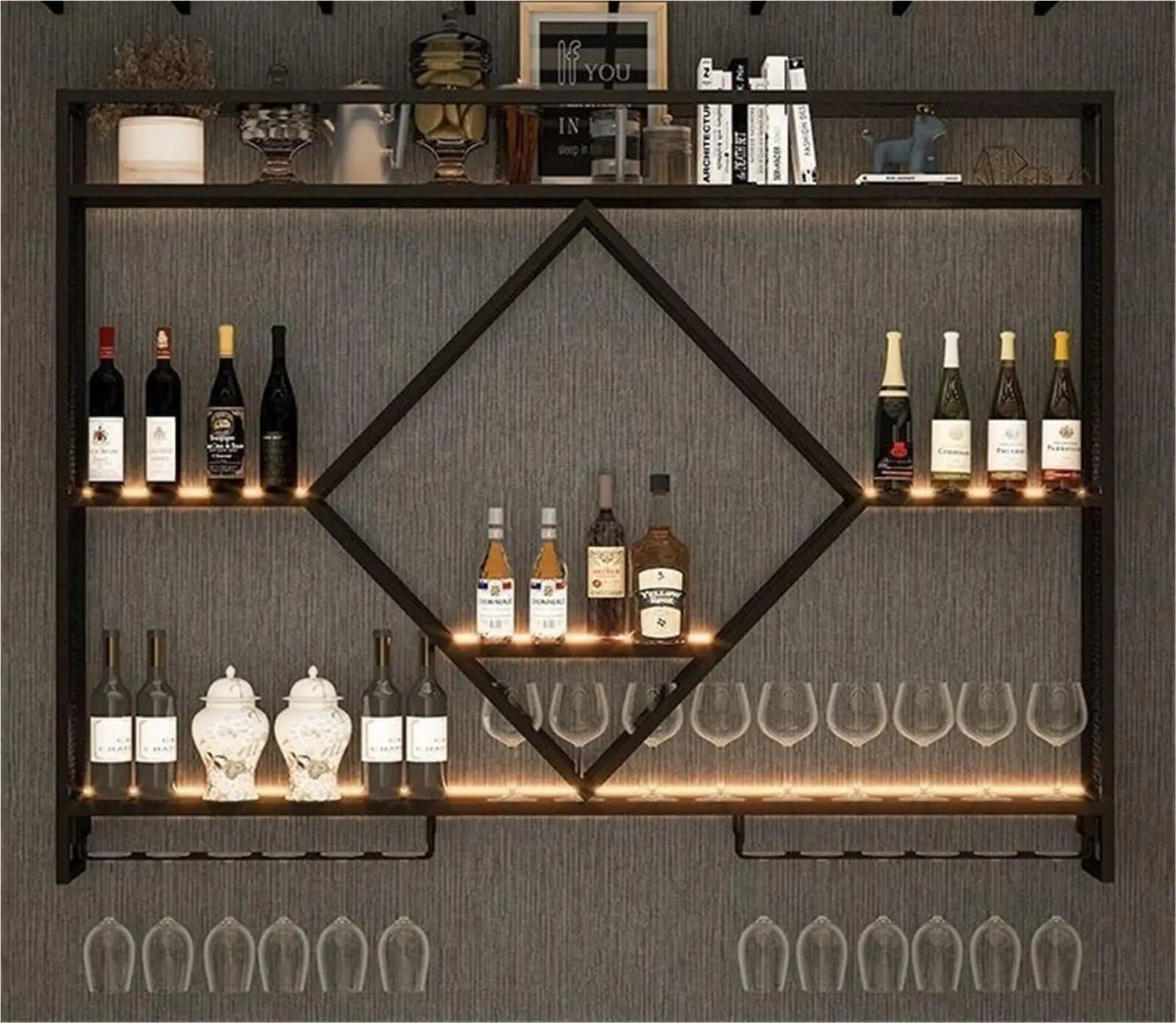 Prateleiras de parede de metal com rack de vinho, suporte de armazenamento de garrafas de licor para cozinha, sala de jantar ou decoração de bar doméstico
