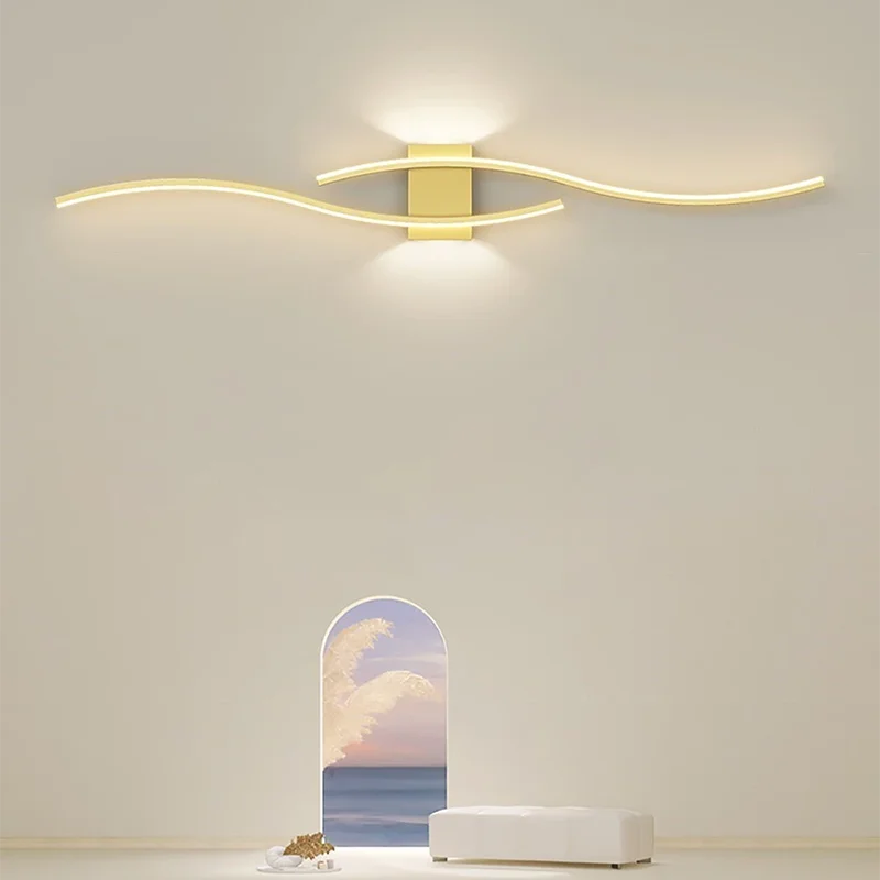 Moderno led tira lâmpada de parede dupla curva controle remoto luz cabeceira decoração preto ouro arandelas sala estar quarto led fixtu