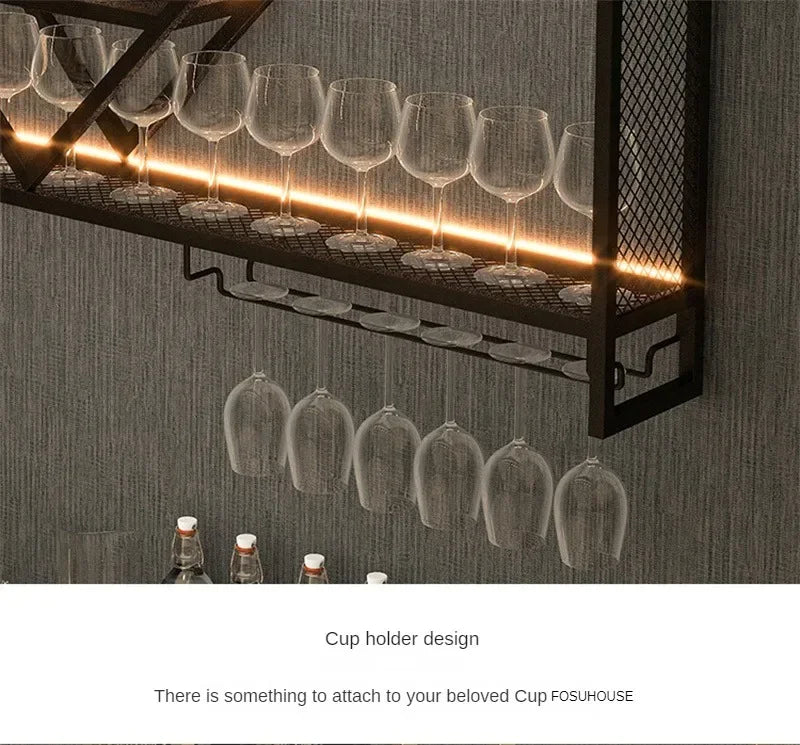 Prateleiras de parede de metal com rack de vinho, suporte de armazenamento de garrafas de licor para cozinha, sala de jantar ou decoração de bar doméstico