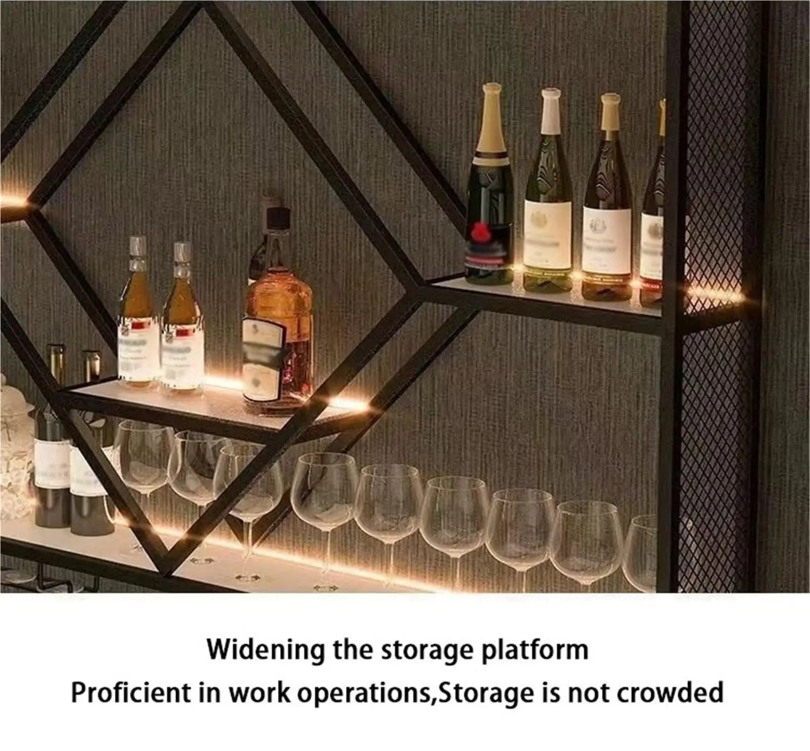 Prateleiras de parede de metal com rack de vinho, suporte de armazenamento de garrafas de licor para cozinha, sala de jantar ou decoração de bar doméstico