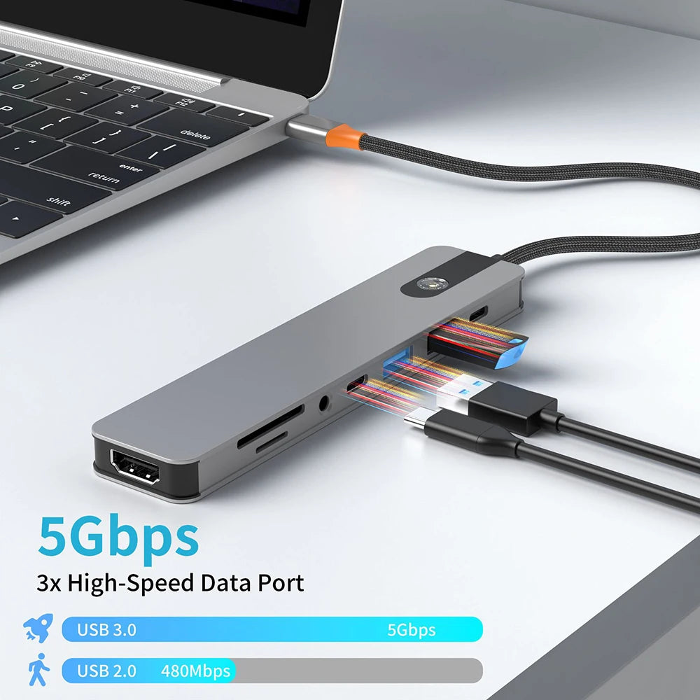 5/8 em 1 usb c para hdmi-adaptador 4k 60hz tipo c divisor usb3.0/3.1 hub docking station pd sd tf 3.5mm para portátil ipad
