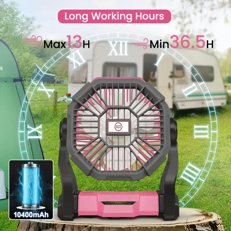 Carregamento + Iluminação + Ventilador Ventilador elétrico três em um estilo acampamento com lanterna LED Ventilador portátil para barraca com função rotativa, função de fonte de alimentação de emergência ao queda