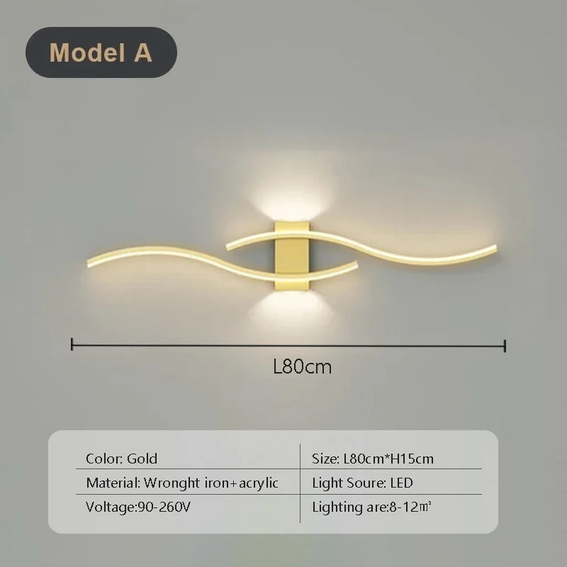 Moderno led tira lâmpada de parede dupla curva controle remoto luz cabeceira decoração preto ouro arandelas sala estar quarto led fixtu