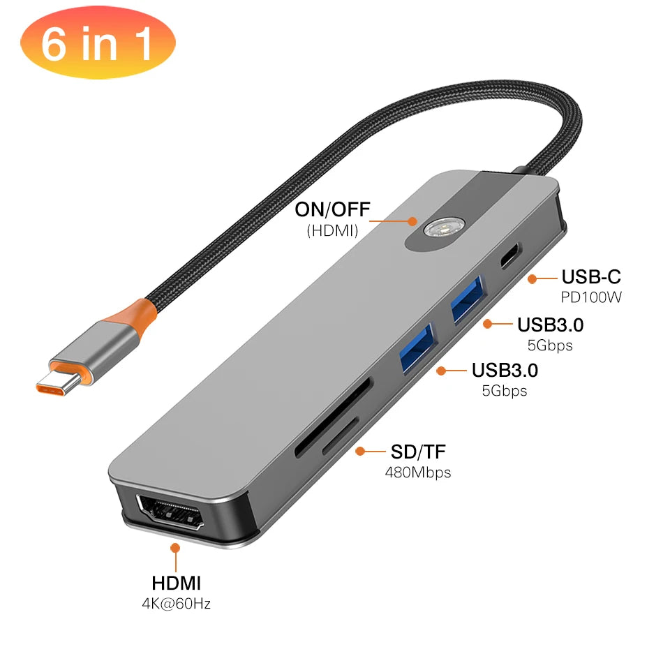5/8 em 1 usb c para hdmi-adaptador 4k 60hz tipo c divisor usb3.0/3.1 hub docking station pd sd tf 3.5mm para portátil ipad