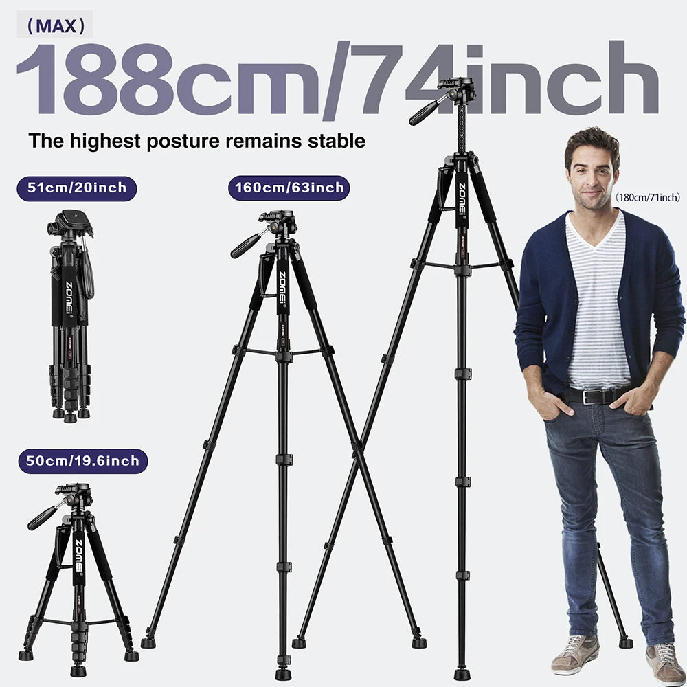 Zomei Q188 188cm Acessórios de fotografia profissional câmera de vídeo tripé DSLR para telefone com suporte para telefone