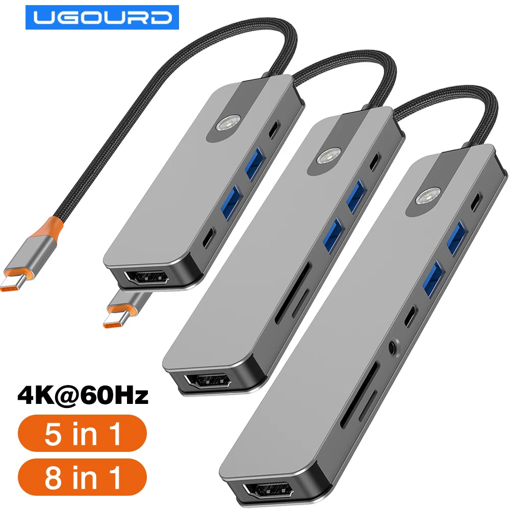 5/8 em 1 usb c para hdmi-adaptador 4k 60hz tipo c divisor usb3.0/3.1 hub docking station pd sd tf 3.5mm para portátil ipad
