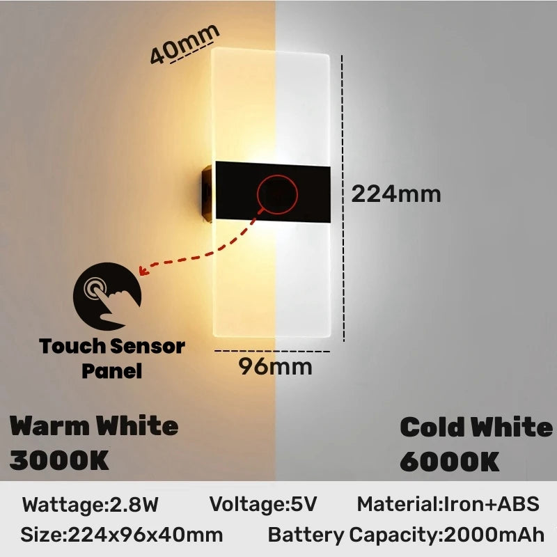 Interruptor do sensor de toque conduziu a lâmpada parede usb recarregável sem fio acrílico escada luz da noite quarto corredor cozinha arandela iluminação