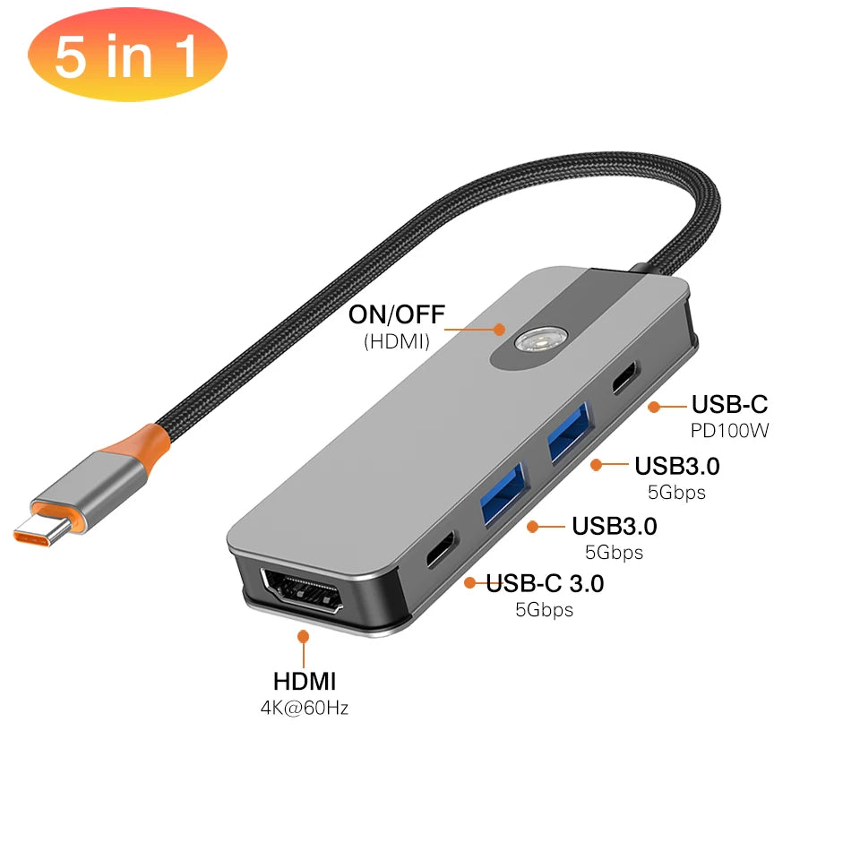 5/8 em 1 usb c para hdmi-adaptador 4k 60hz tipo c divisor usb3.0/3.1 hub docking station pd sd tf 3.5mm para portátil ipad