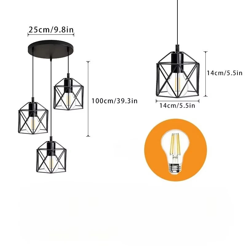 Lâmpada de teto industrial vintage preta de 3 luzes – luminária pendente semi-embutida ajustável para sala de jantar/sala de estar