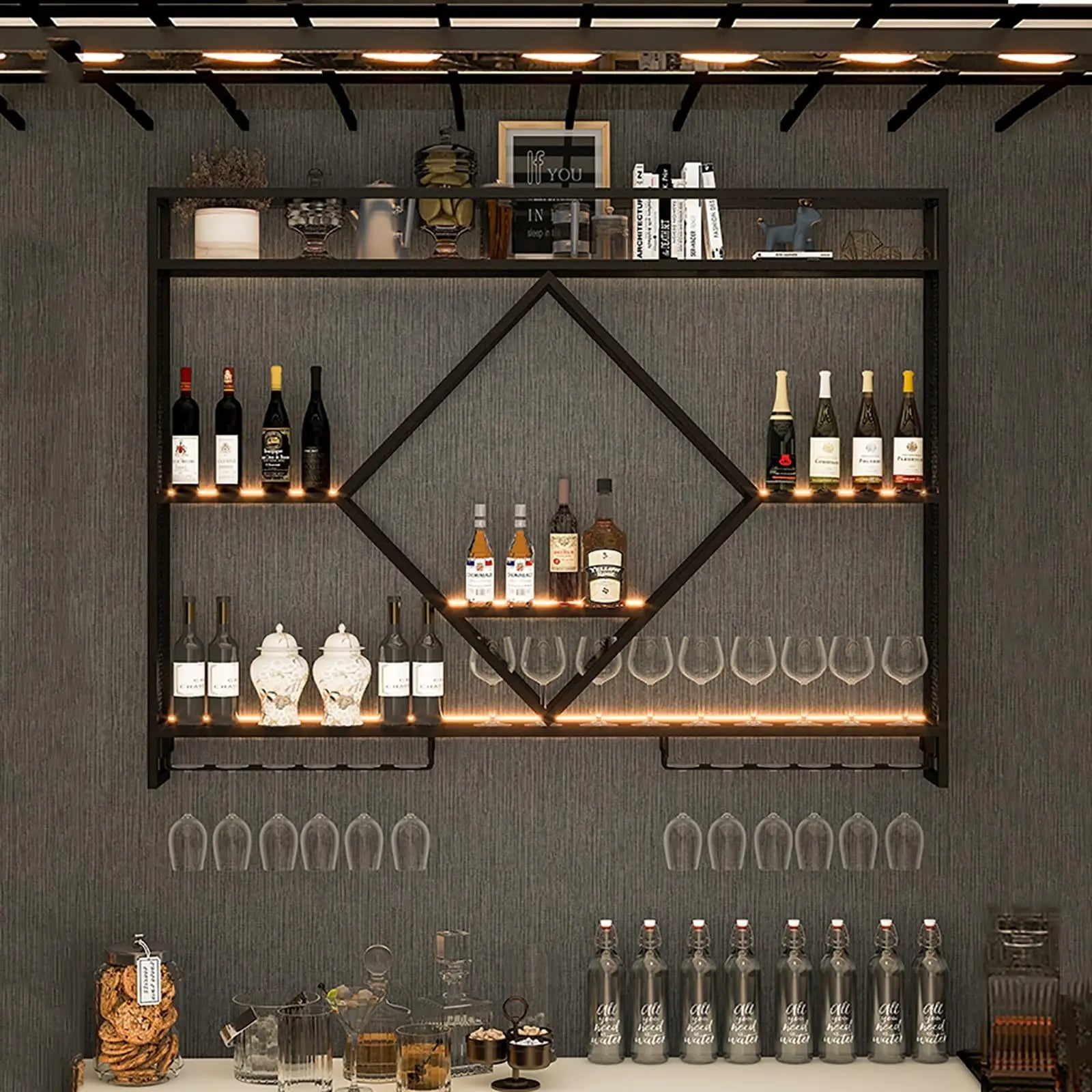 Prateleiras de parede de metal com rack de vinho, suporte de armazenamento de garrafas de licor para cozinha, sala de jantar ou decoração de bar doméstico