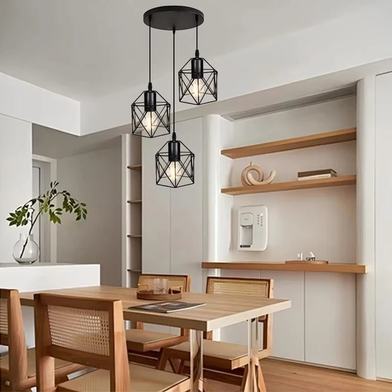 Lâmpada de teto industrial vintage preta de 3 luzes – luminária pendente semi-embutida ajustável para sala de jantar/sala de estar